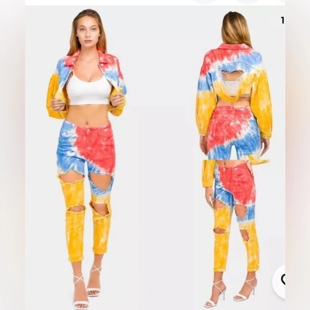 American Bazi Women's Tie Dye Ripped Denim Jacket And jeans size: 1X